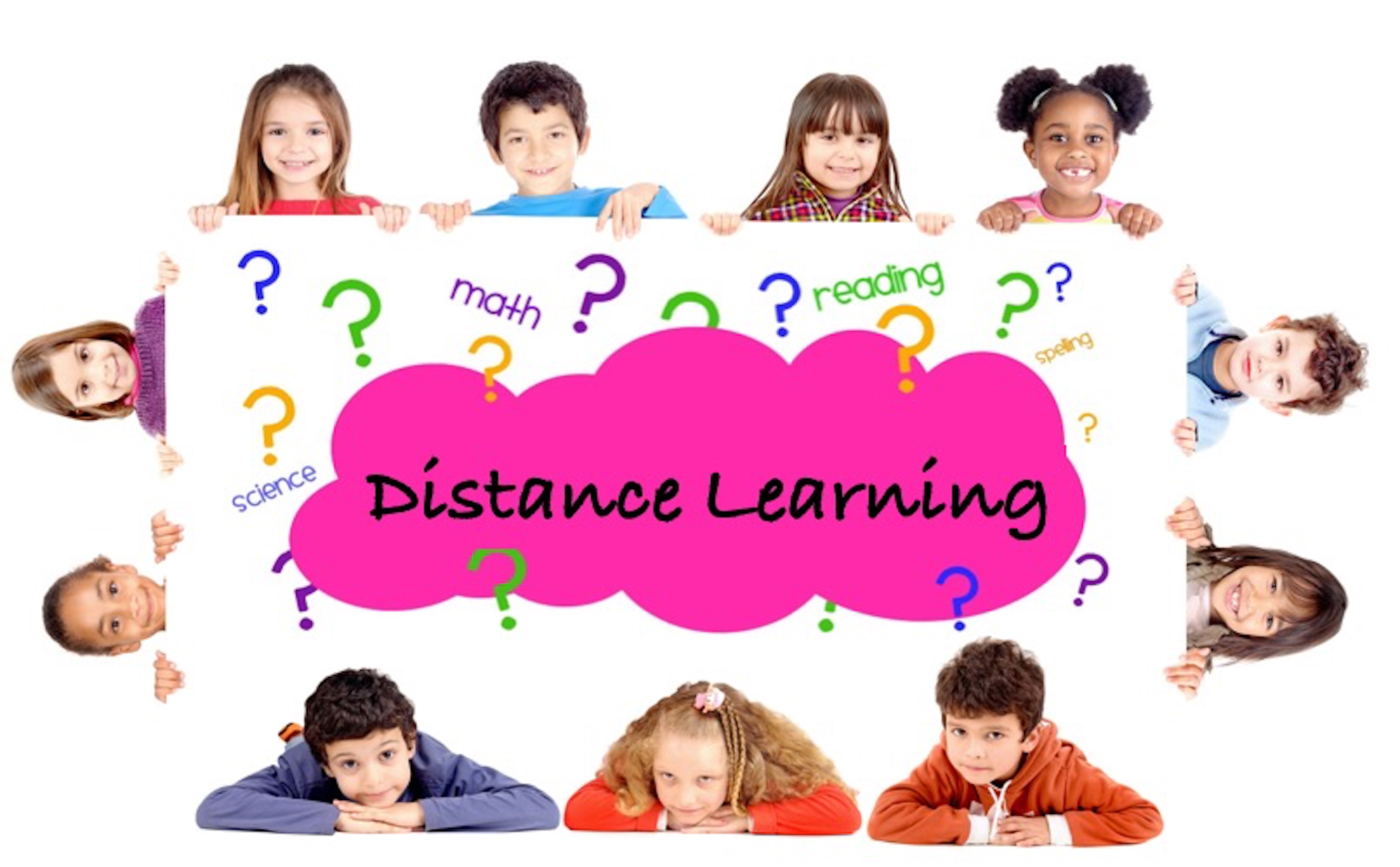 children holding sign that says distance learning