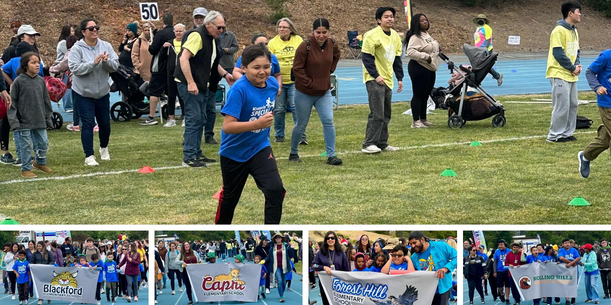 middle school boy running as crowd watches and cheers