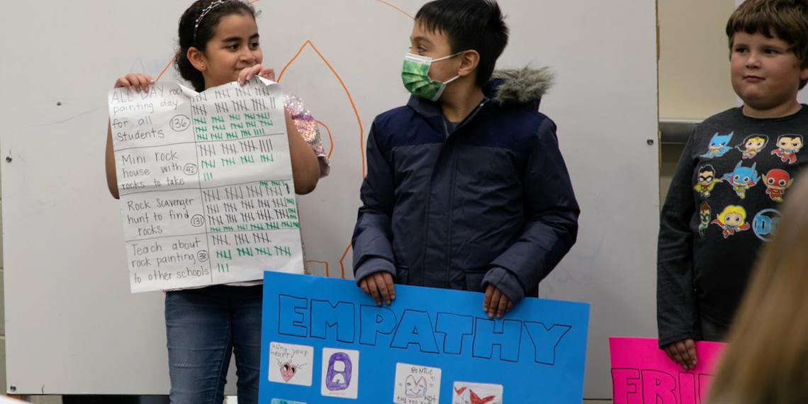 students standing with signs and survey data