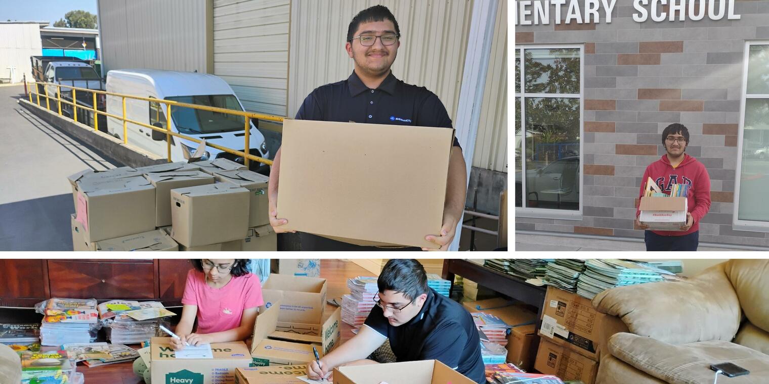 montage of photos showing students carrying boxes of books and sorting them