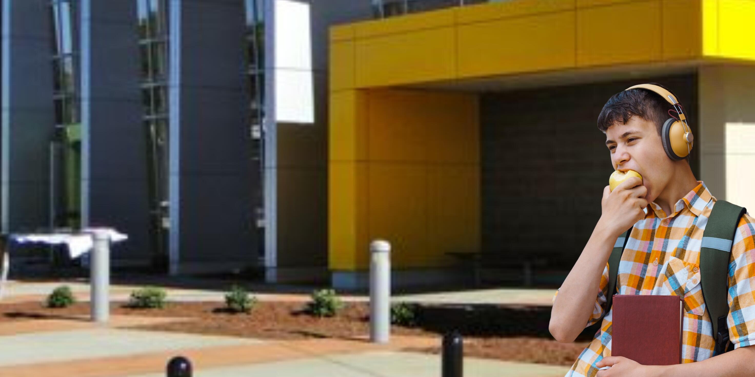 adolescent boy with headphones holding a book and biting into an apple as he stands beside a school building