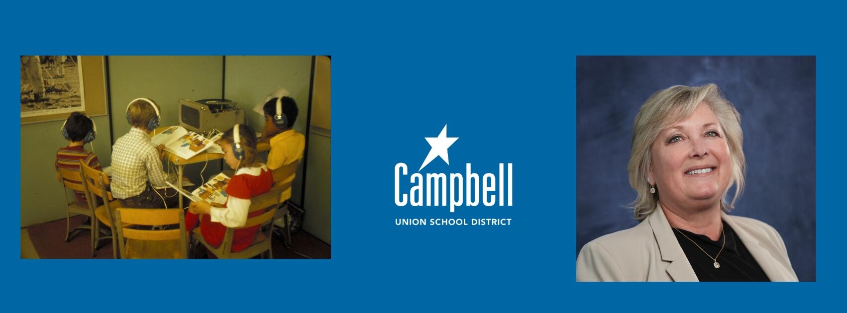 Banner photo with students from the 1960's Cherry Lane Elementary, CUSD logo and Dr. Viramontez headshot